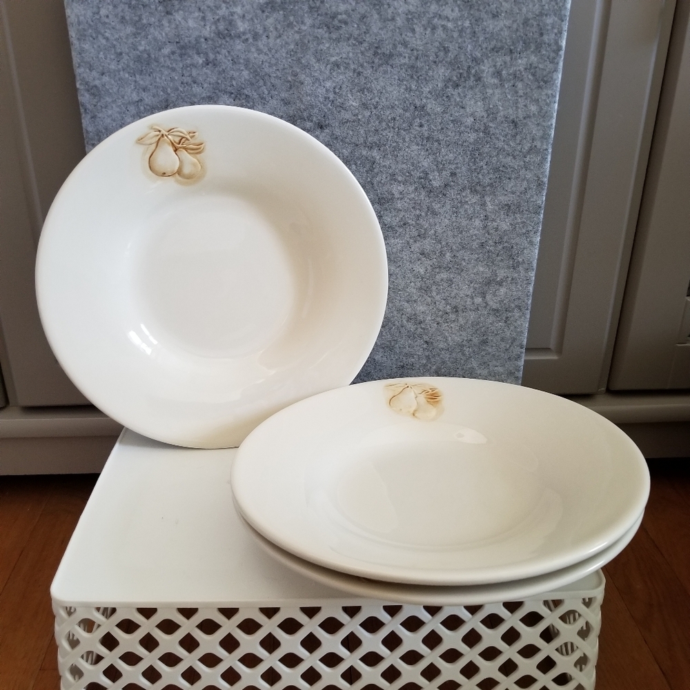 Pottery Barn Harvest 10" White Soup Pasta Bowls Pears Rustic Charm Set Of 3